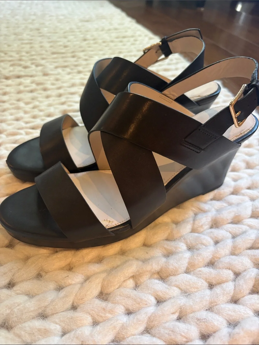 Cole Haan Black Leather Crisscross Wedge Sandals